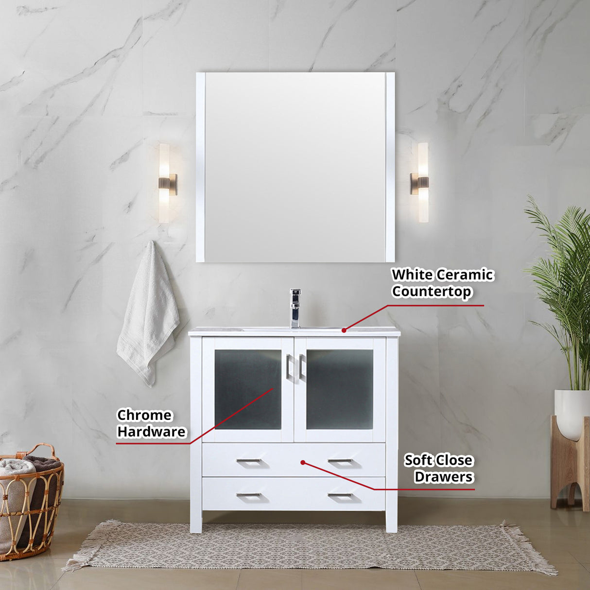 Volez 36 in. Freestanding Bathroom Vanity with Integrated Top, White integrated Square Sink
