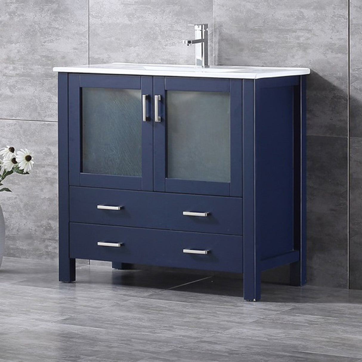 Volez Navy Blue Freestanding Bathroom Vanity with Integrated Top, White integrated Square Sink