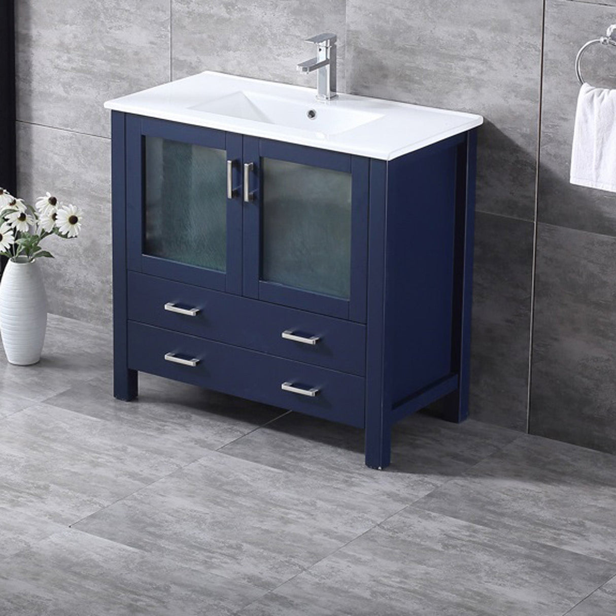Volez Navy Blue Freestanding Bathroom Vanity with Integrated Top, White integrated Square Sink