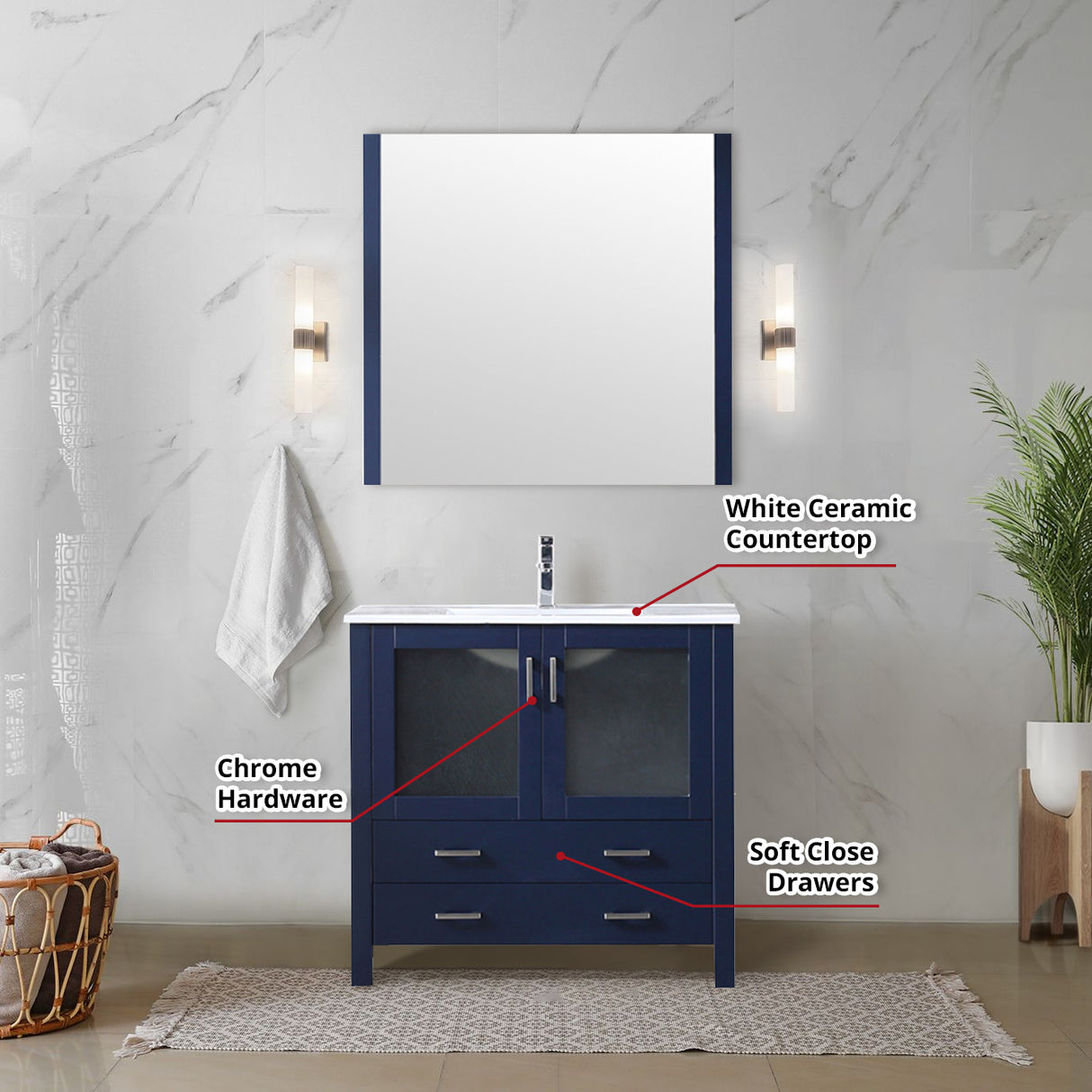 Volez 36 in. Freestanding Bathroom Vanity with Integrated Top, White integrated Square Sink