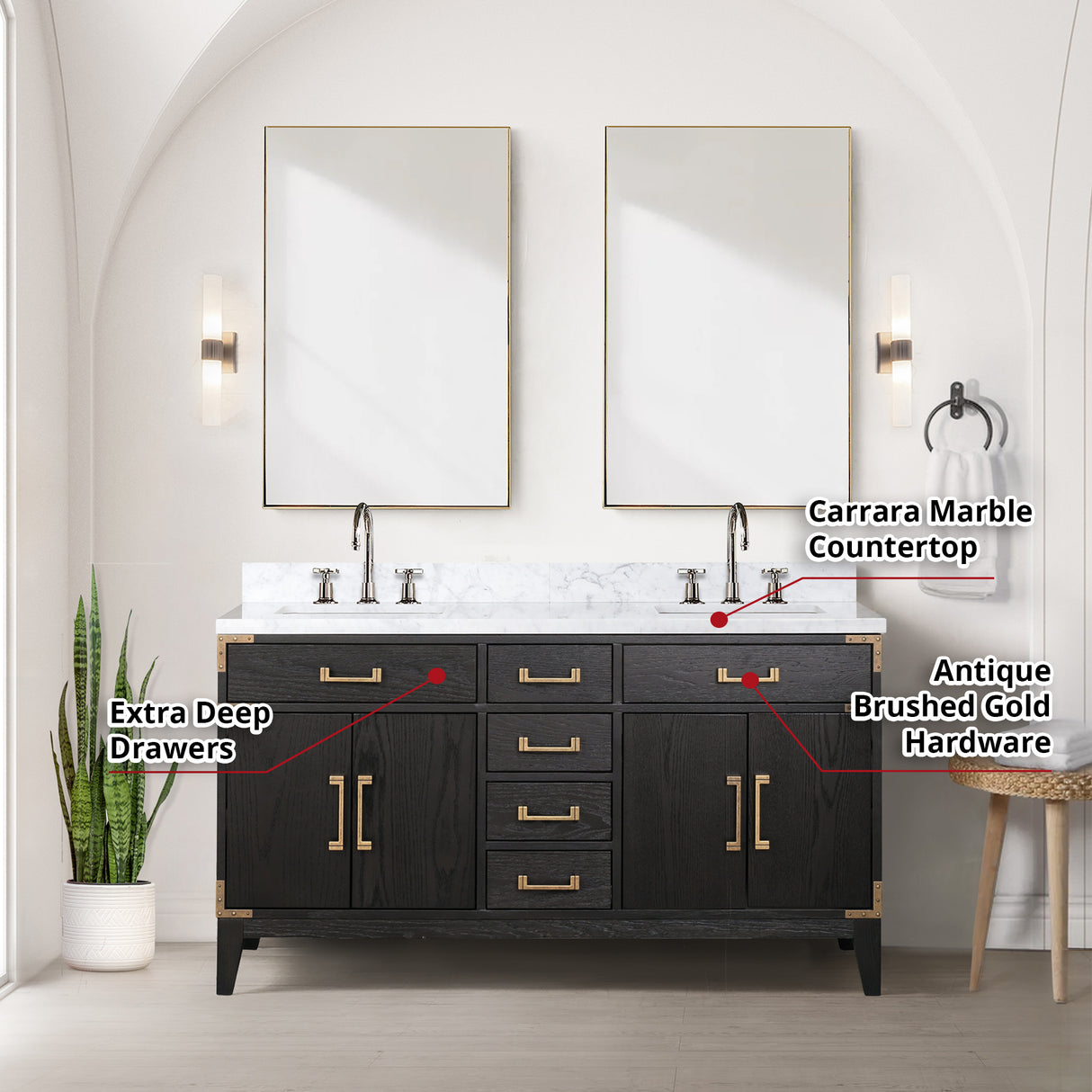 Laurel 60 in. Freestanding Bathroom Vanity with Carrara Marble Sink Top