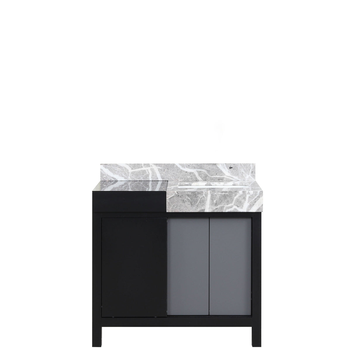 Zilara Black and Grey Freestanding Bathroom Vanity With Castle Grey Marble Top, and White Square Sink