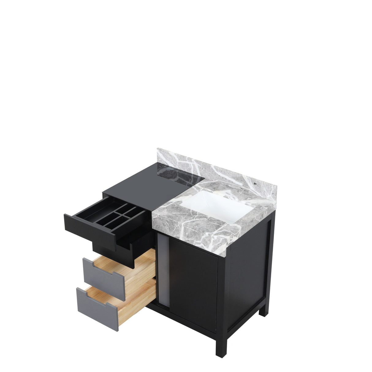Zilara Black and Grey Freestanding Bathroom Vanity With Castle Grey Marble Top, and White Square Sink