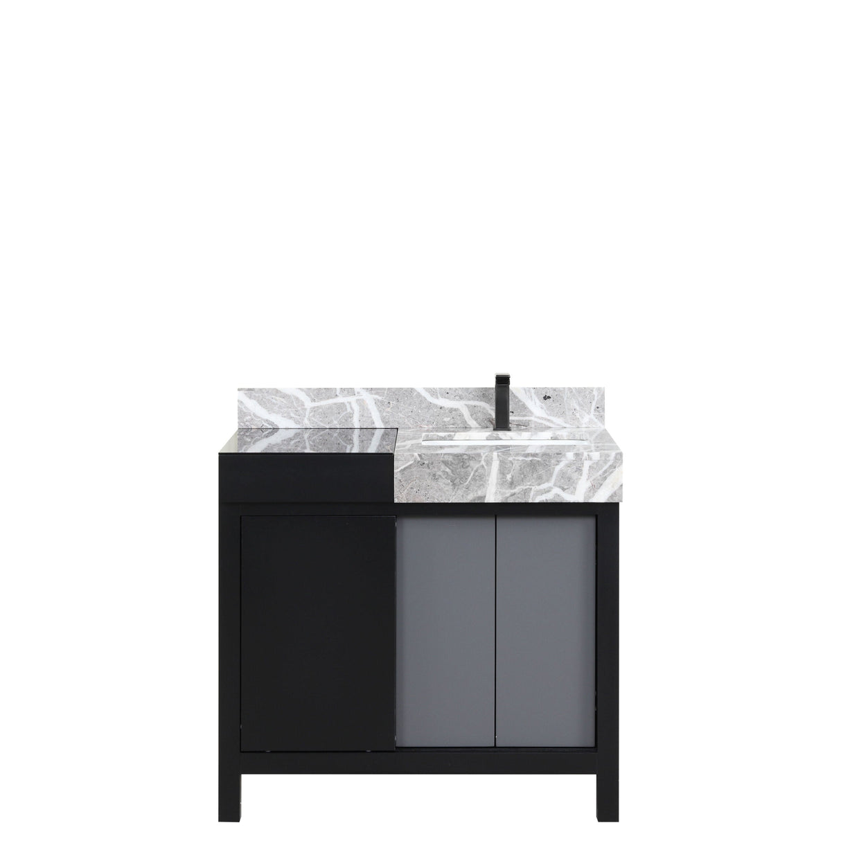 Zilara Black and Grey Freestanding Bathroom Vanity With Castle Grey Marble Top, White Square Sink, and Balzani Gun Metal Faucet