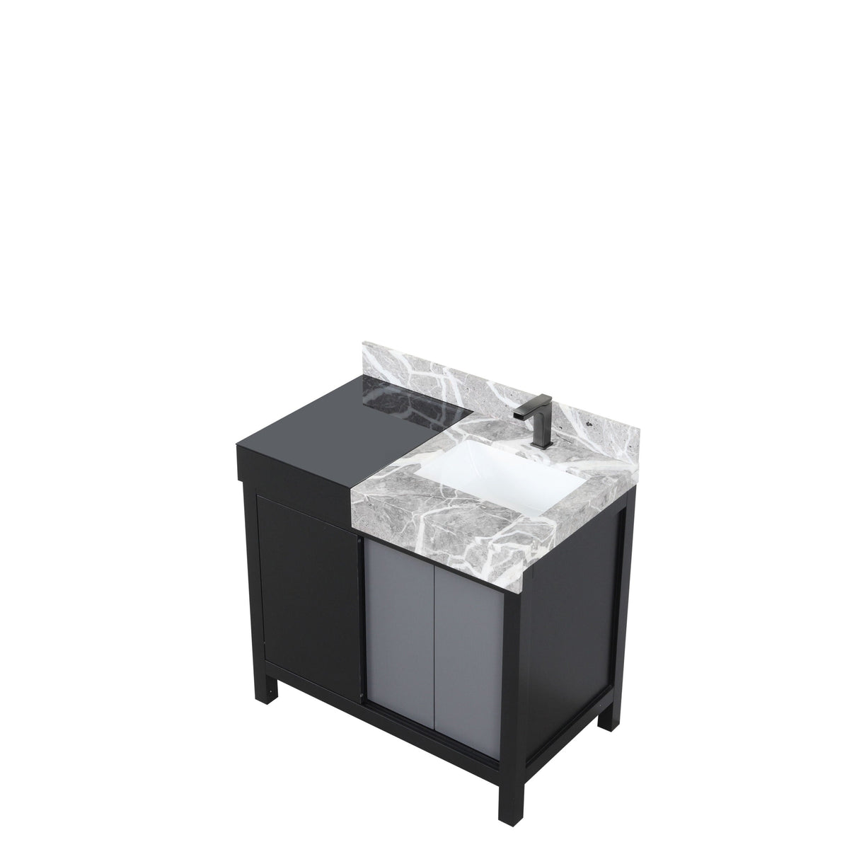 Zilara Black and Grey Freestanding Bathroom Vanity With Castle Grey Marble Top, White Square Sink, and Balzani Gun Metal Faucet