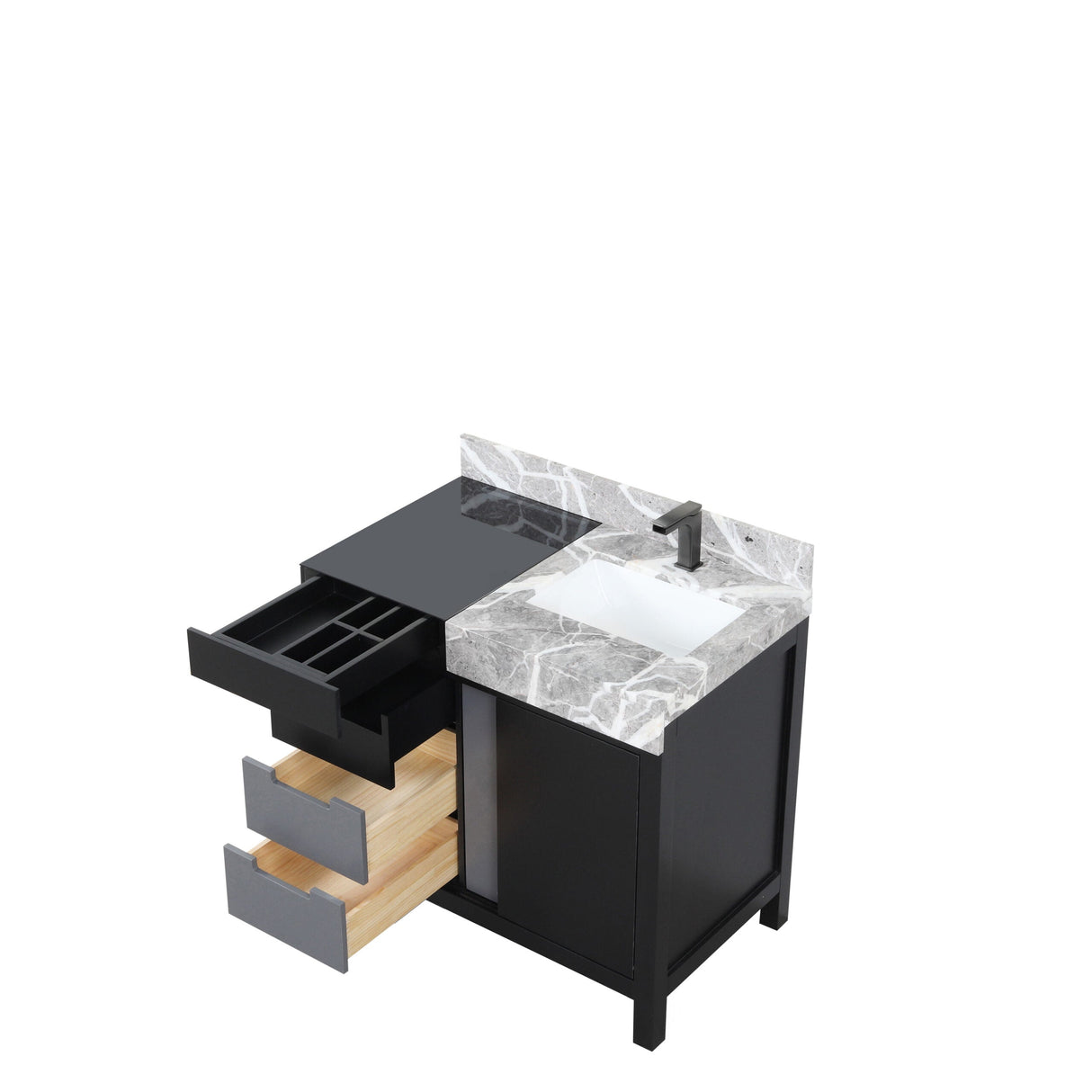 Zilara Black and Grey Freestanding Bathroom Vanity With Castle Grey Marble Top, White Square Sink, and Balzani Gun Metal Faucet