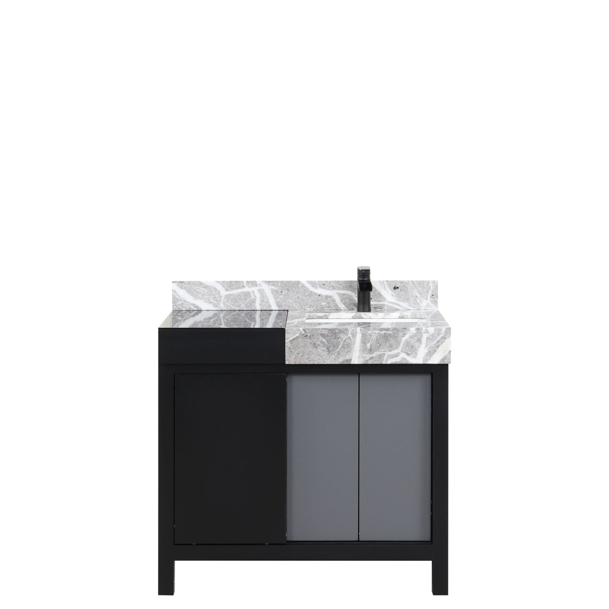 Zilara Black and Grey Freestanding Bathroom Vanity With Castle Grey Marble Top, White Square Sink, and Cascata Nera Matte Black Faucet