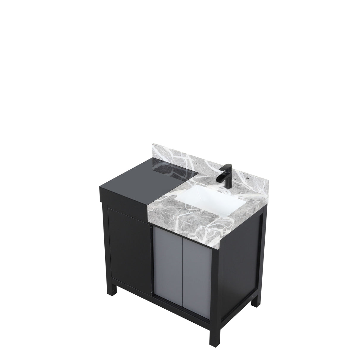 Zilara 36 in. Black and Grey  Freestanding Bathroom Vanity With Castle Grey Marble Top, White Square Sink, and Cascata Nera Matte Black Faucet