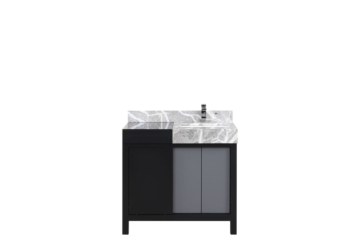 Zilara Black and Grey Freestanding Bathroom Vanity With Castle Grey Marble Top, White Square Sink, and Monte Chrome Faucet