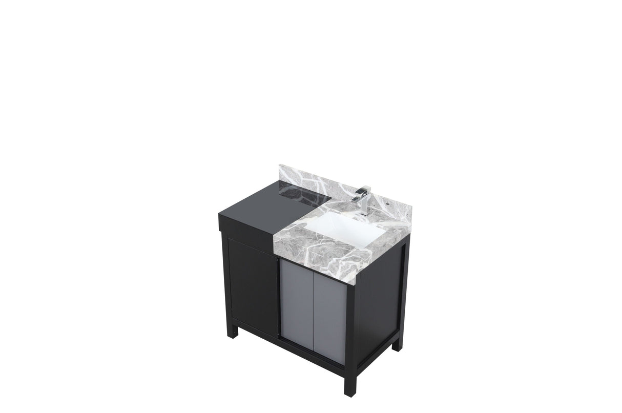 Zilara Black and Grey Freestanding Bathroom Vanity With Castle Grey Marble Top, White Square Sink, and Monte Chrome Faucet