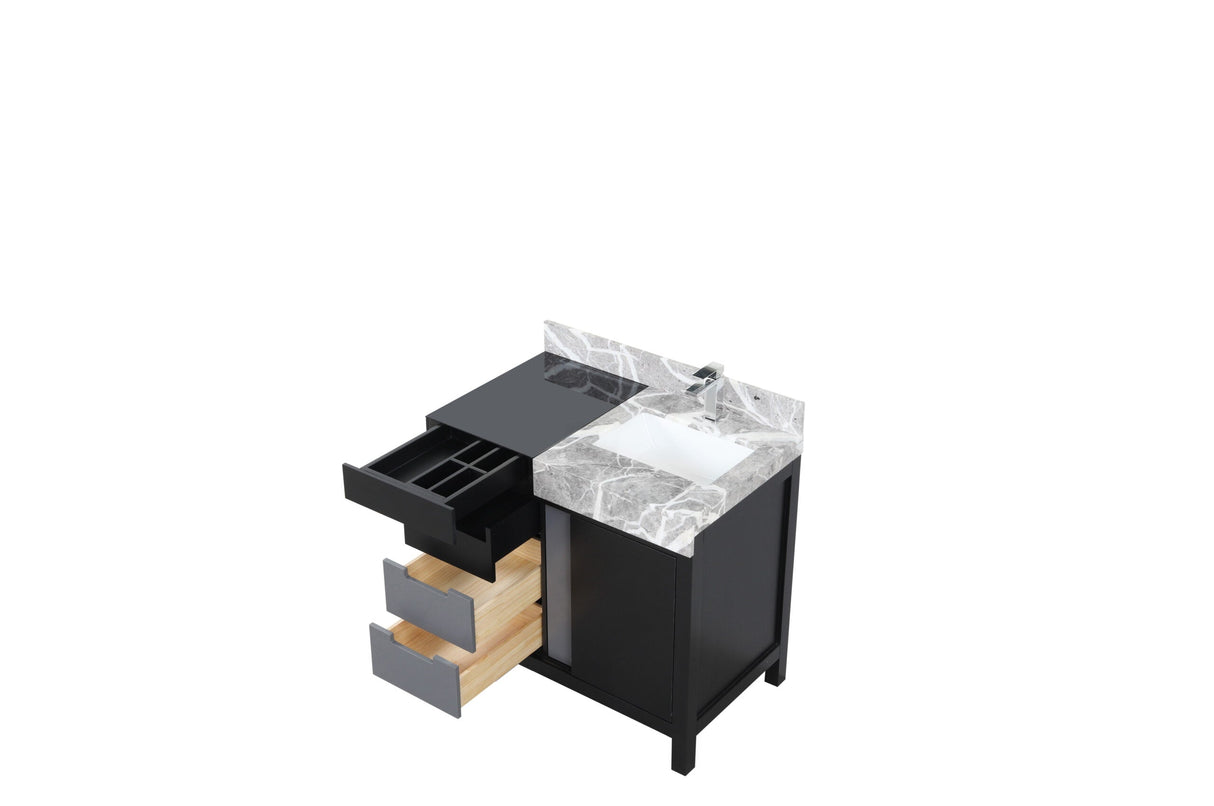 Zilara Black and Grey Freestanding Bathroom Vanity With Castle Grey Marble Top, White Square Sink, and Monte Chrome Faucet