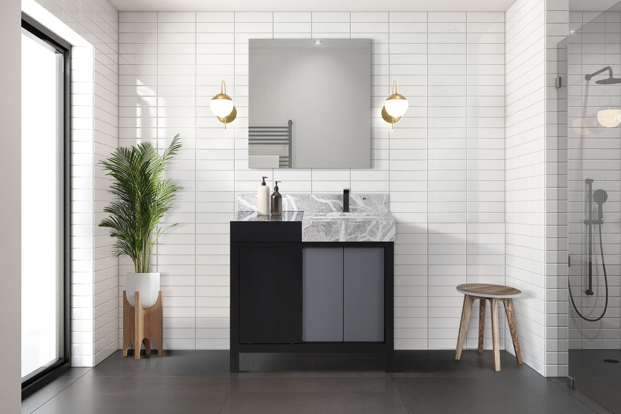 Zilara Black and Grey Freestanding Bathroom Vanity With Castle Grey Marble Top, White Square Sink, and Balzani Gun Metal Faucet