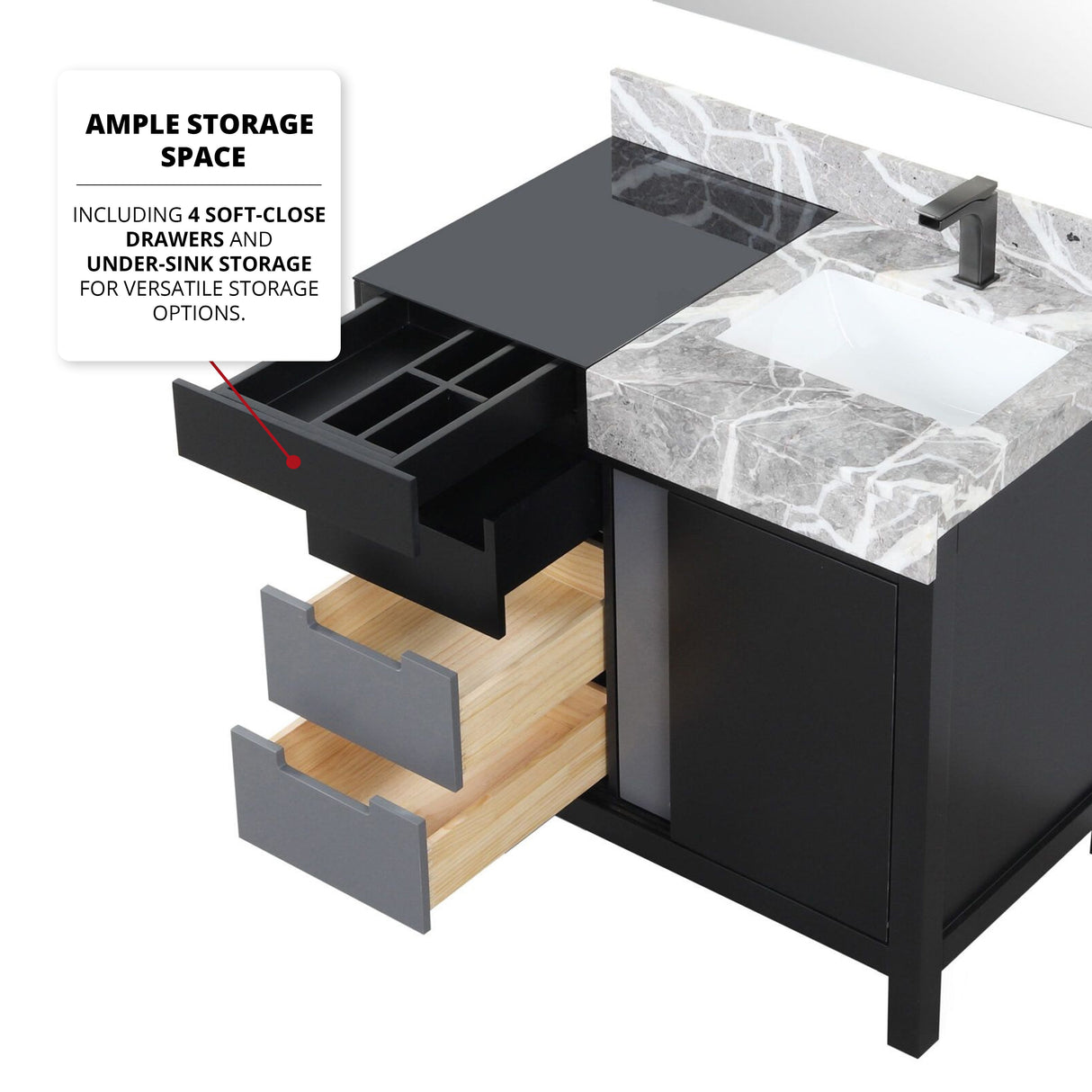 Zilara Black and Grey Freestanding Bathroom Vanity With Castle Grey Marble Top, White Square Sink, and Balzani Gun Metal Faucet