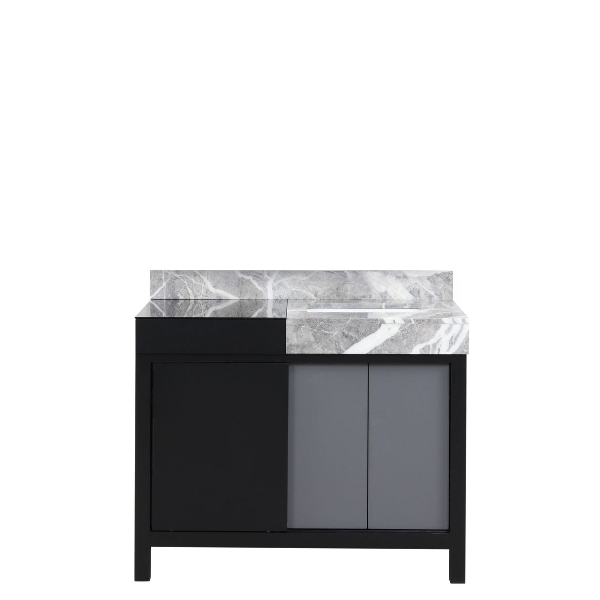 Zilara Black and Grey Freestanding Bathroom Vanity With Castle Grey Marble Top, and White Square Sink