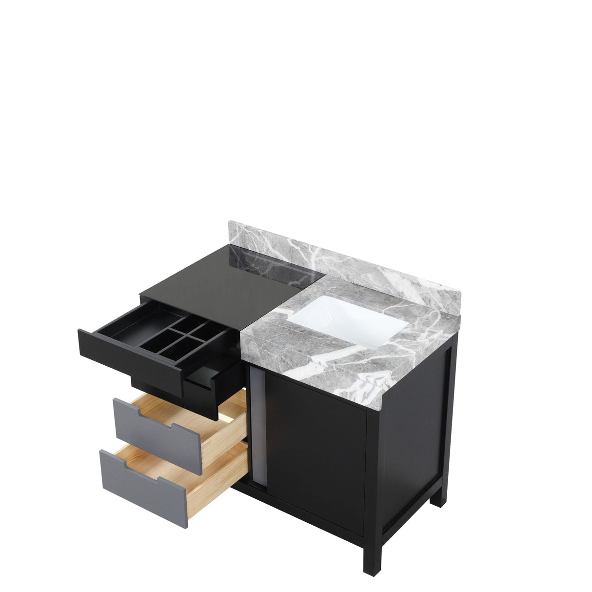 Zilara Black and Grey Freestanding Bathroom Vanity With Castle Grey Marble Top, and White Square Sink