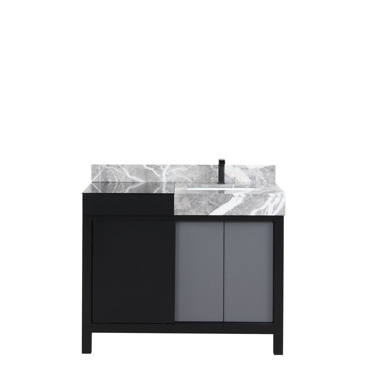 Zilara Black and Grey Freestanding Bathroom Vanity With Castle Grey Marble Top, White Square Sink, and Balzani Gun Metal Faucet
