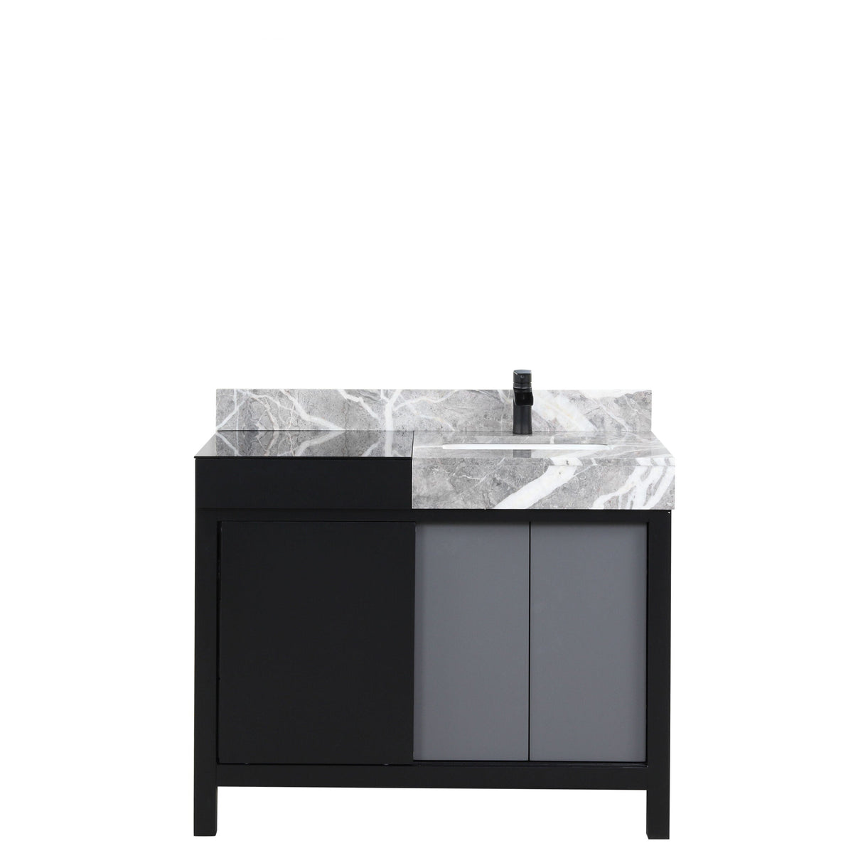 Zilara Black and Grey Freestanding Bathroom Vanity With Castle Grey Marble Top, White Square Sink, and Cascata Nera Matte Black Faucet