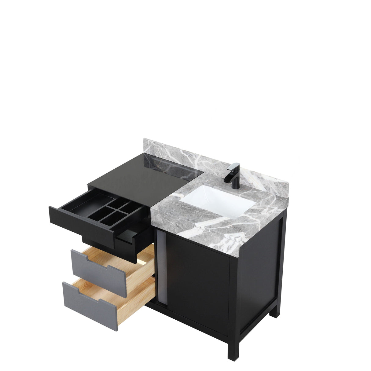 Zilara Black and Grey Freestanding Bathroom Vanity With Castle Grey Marble Top, White Square Sink, and Cascata Nera Matte Black Faucet