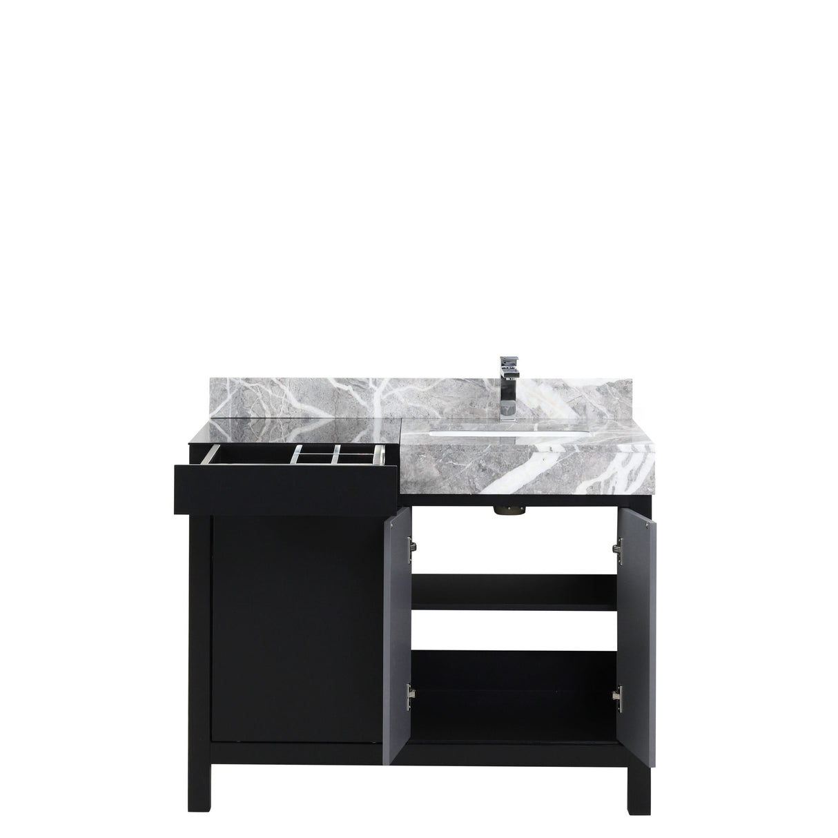 Zilara 42 in. Black and Grey  Freestanding Bathroom Vanity With Castle Grey Marble Top, White Square Sink, and Monte Chrome Faucet