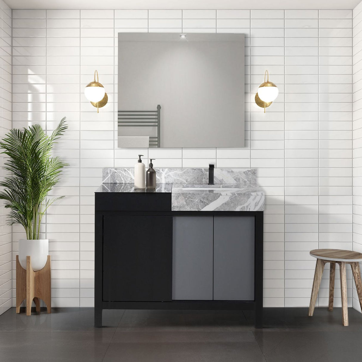Zilara Black and Grey Freestanding Bathroom Vanity With Castle Grey Marble Top, White Square Sink, and Balzani Gun Metal Faucet