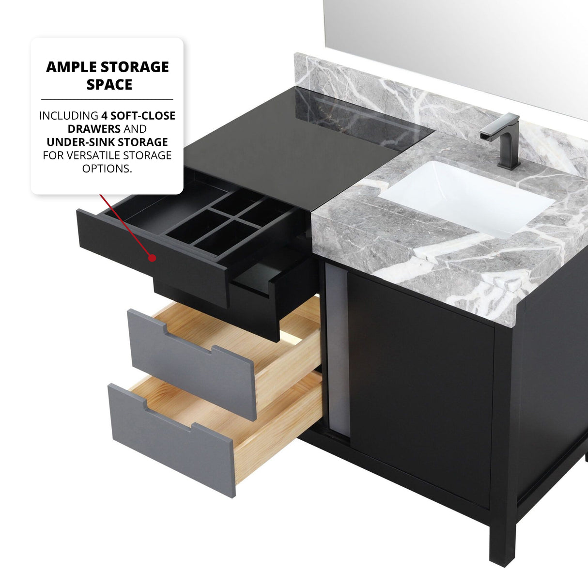 Zilara Black and Grey Freestanding Bathroom Vanity With Castle Grey Marble Top, White Square Sink, and Balzani Gun Metal Faucet