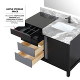Zilara Black and Grey Freestanding Bathroom Vanity With Castle Grey Marble Top, White Square Sink, and Balzani Gun Metal Faucet