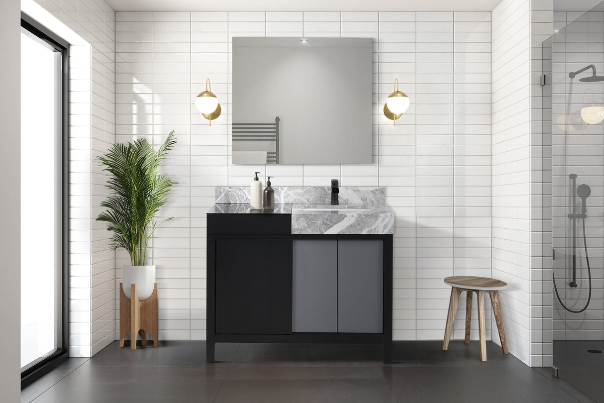 Zilara Black and Grey Freestanding Bathroom Vanity With Castle Grey Marble Top, and White Square Sink