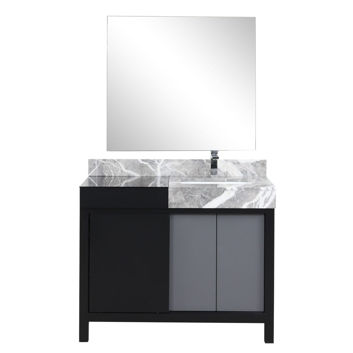 Zilara 42" Black and Grey Vanity, Castle Grey Marble Top, White Square Sink, Monte Chrome Faucet Set, and 34" Frameless Mirror