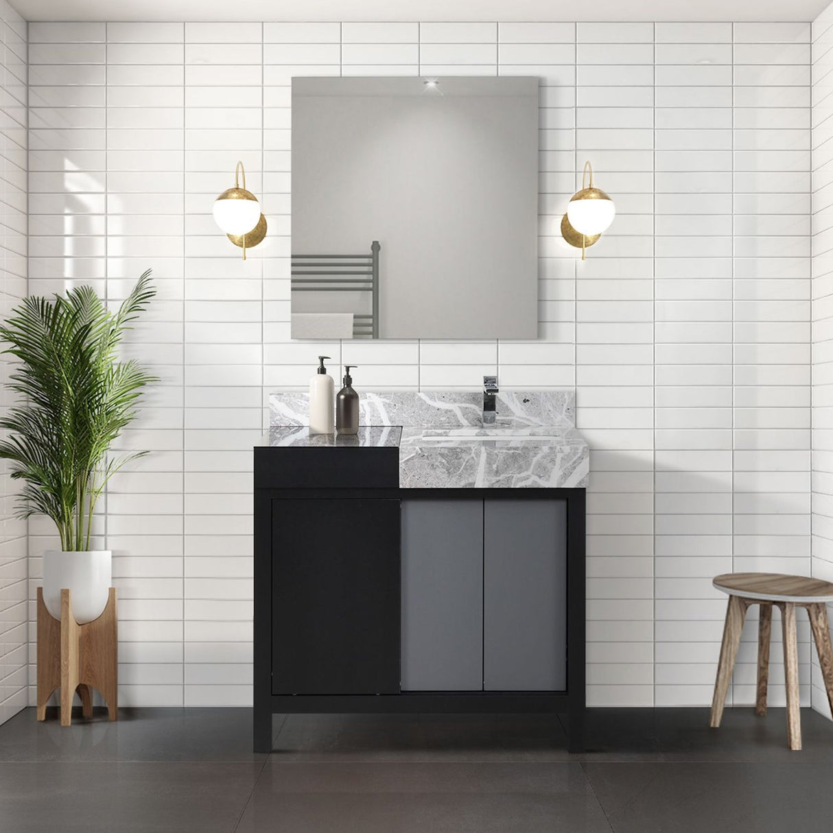 Zilara Black and Grey Freestanding Bathroom Vanity With Castle Grey Marble Top, and White Square Sink
