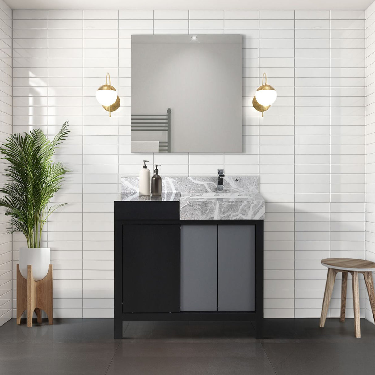 Zilara 42 in. Black and Grey  Freestanding Bathroom Vanity With Castle Grey Marble Top, White Square Sink, and Monte Chrome Faucet