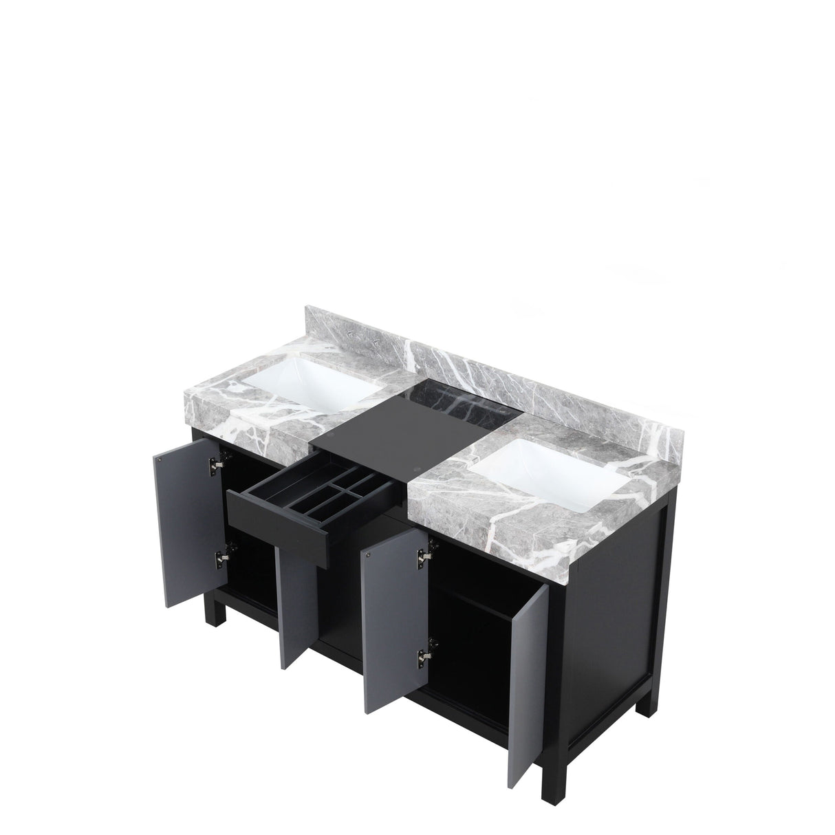 Zilara Black and Grey Freestanding Bathroom Vanity With Castle Grey Marble Tops, and White Square Sinks