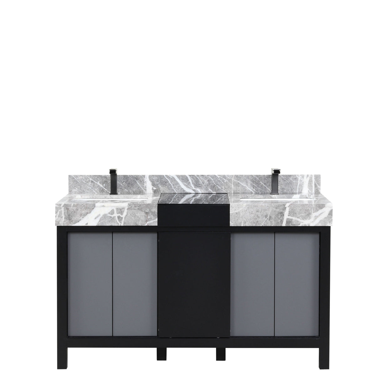 Zilara Black and Grey Freestanding Bathroom Vanity With Castle Grey Marble Tops, White Square Sinks, and Balzani Gun Metal Faucet Set