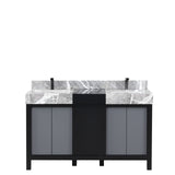 Zilara Black and Grey Freestanding Bathroom Vanity With Castle Grey Marble Tops, White Square Sinks, and Balzani Gun Metal Faucet Set