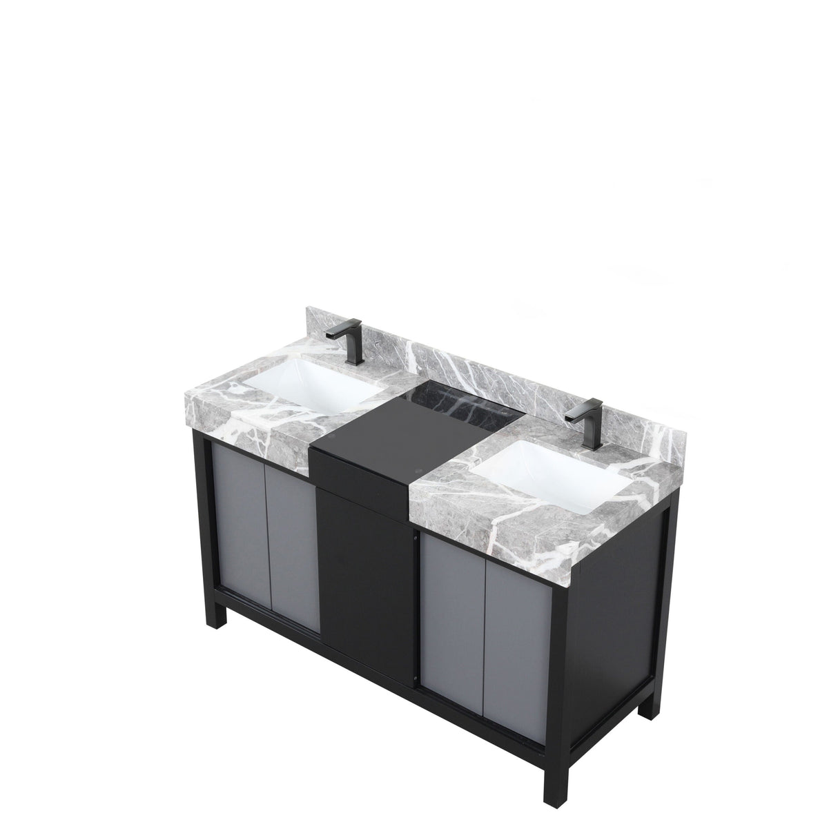 Zilara Black and Grey Freestanding Bathroom Vanity With Castle Grey Marble Tops, White Square Sinks, and Balzani Gun Metal Faucet Set