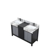 Zilara Black and Grey Freestanding Bathroom Vanity With Castle Grey Marble Tops, White Square Sinks, and Balzani Gun Metal Faucet Set