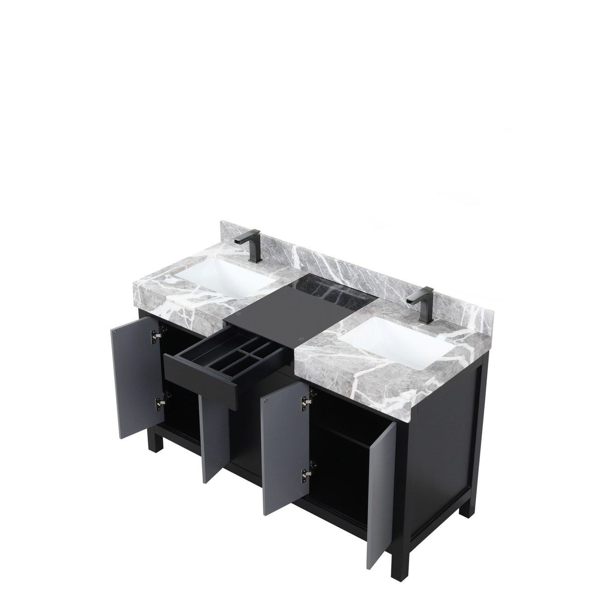 Zilara Black and Grey Freestanding Bathroom Vanity With Castle Grey Marble Tops, White Square Sinks, and Balzani Gun Metal Faucet Set