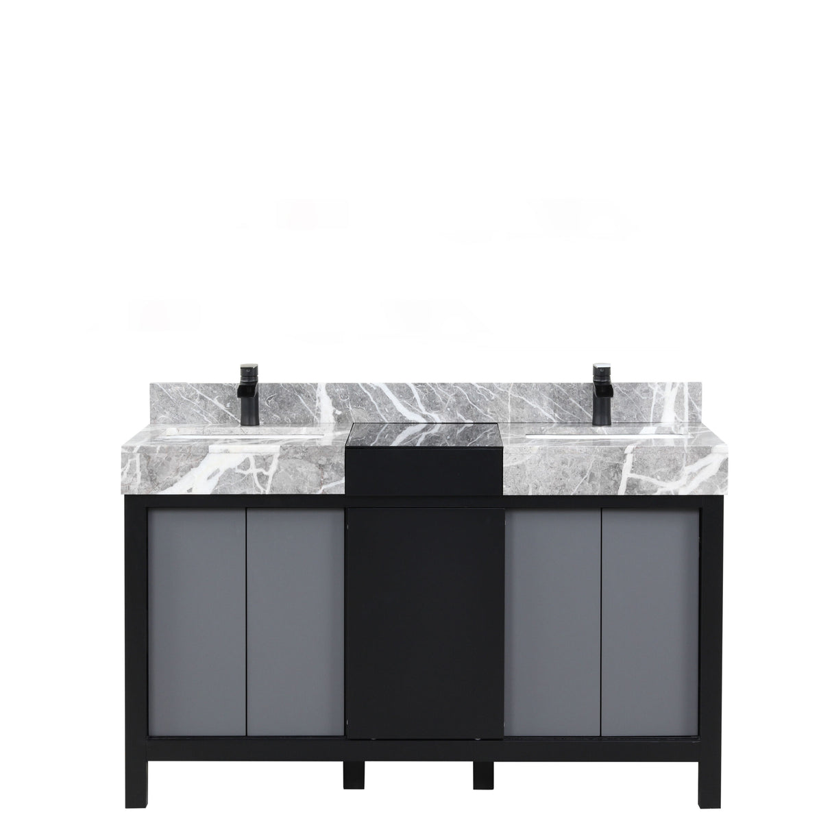 Zilara 55 in. Black and Grey  Freestanding Bathroom Vanity With Castle Grey Marble Tops, White Square Sinks, and Cascata Nera Matte Black Faucet Set