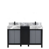 Zilara 55 in. Black and Grey  Freestanding Bathroom Vanity With Castle Grey Marble Tops, White Square Sinks, and Cascata Nera Matte Black Faucet Set
