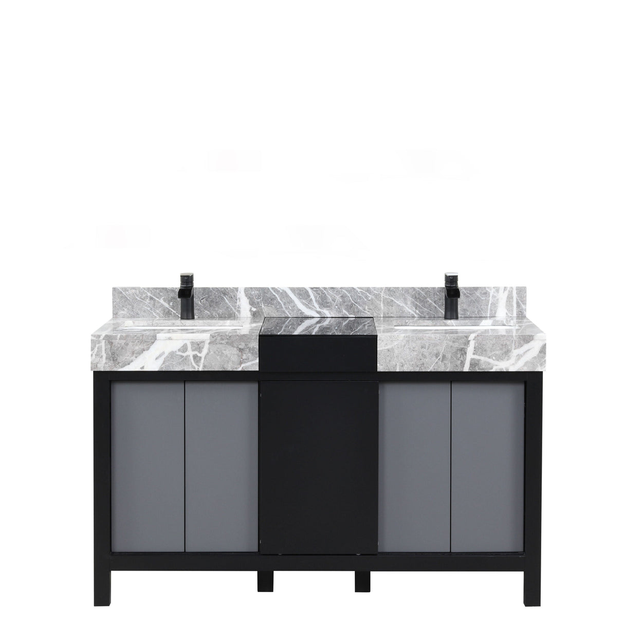 Zilara Black and Grey Freestanding Bathroom Vanity With Castle Grey Marble Tops, White Square Sinks, and Cascata Nera Matte Black Faucet Set