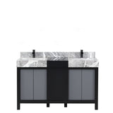 Zilara Black and Grey Freestanding Bathroom Vanity With Castle Grey Marble Tops, White Square Sinks, and Cascata Nera Matte Black Faucet Set