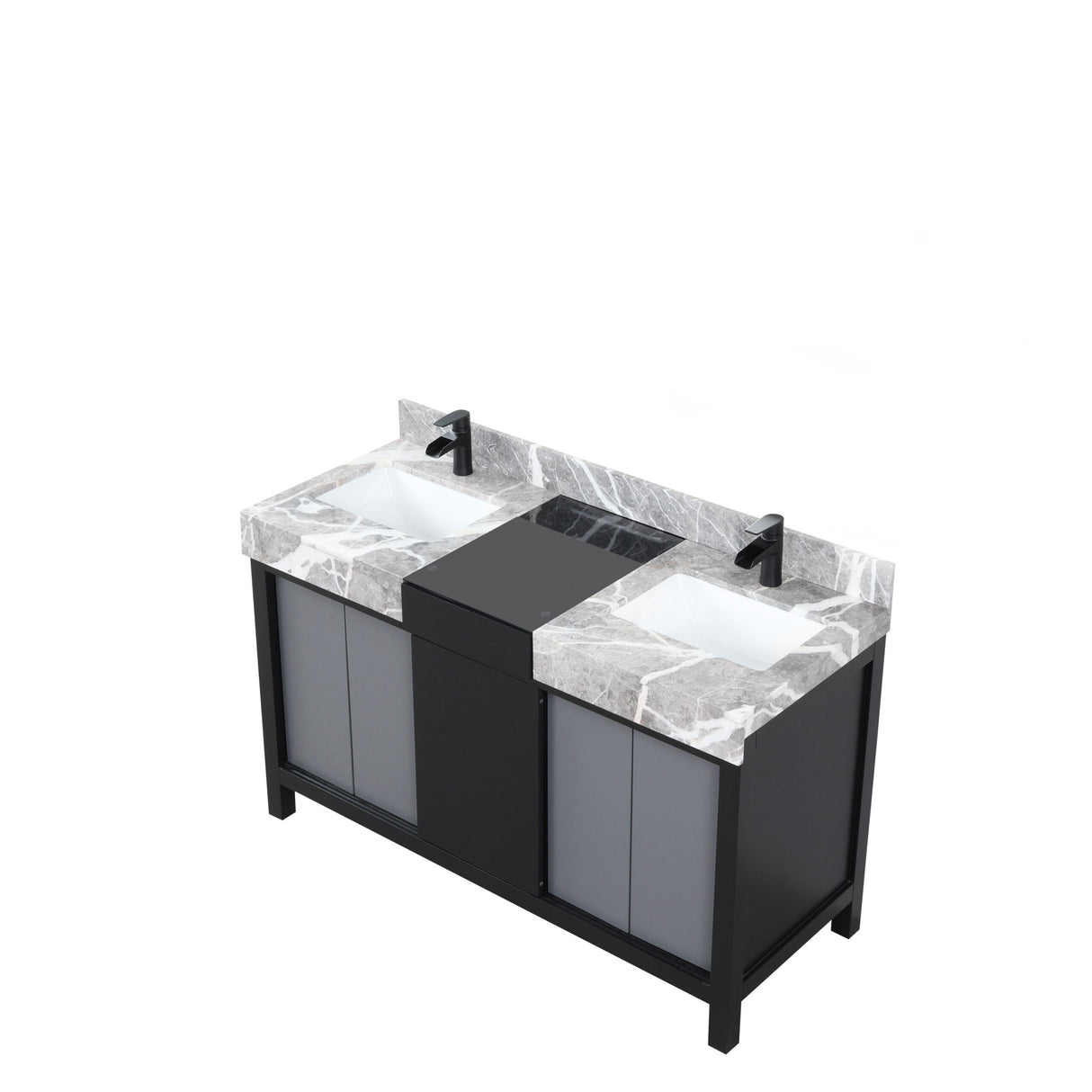 Zilara 55 in. Black and Grey  Freestanding Bathroom Vanity With Castle Grey Marble Tops, White Square Sinks, and Cascata Nera Matte Black Faucet Set