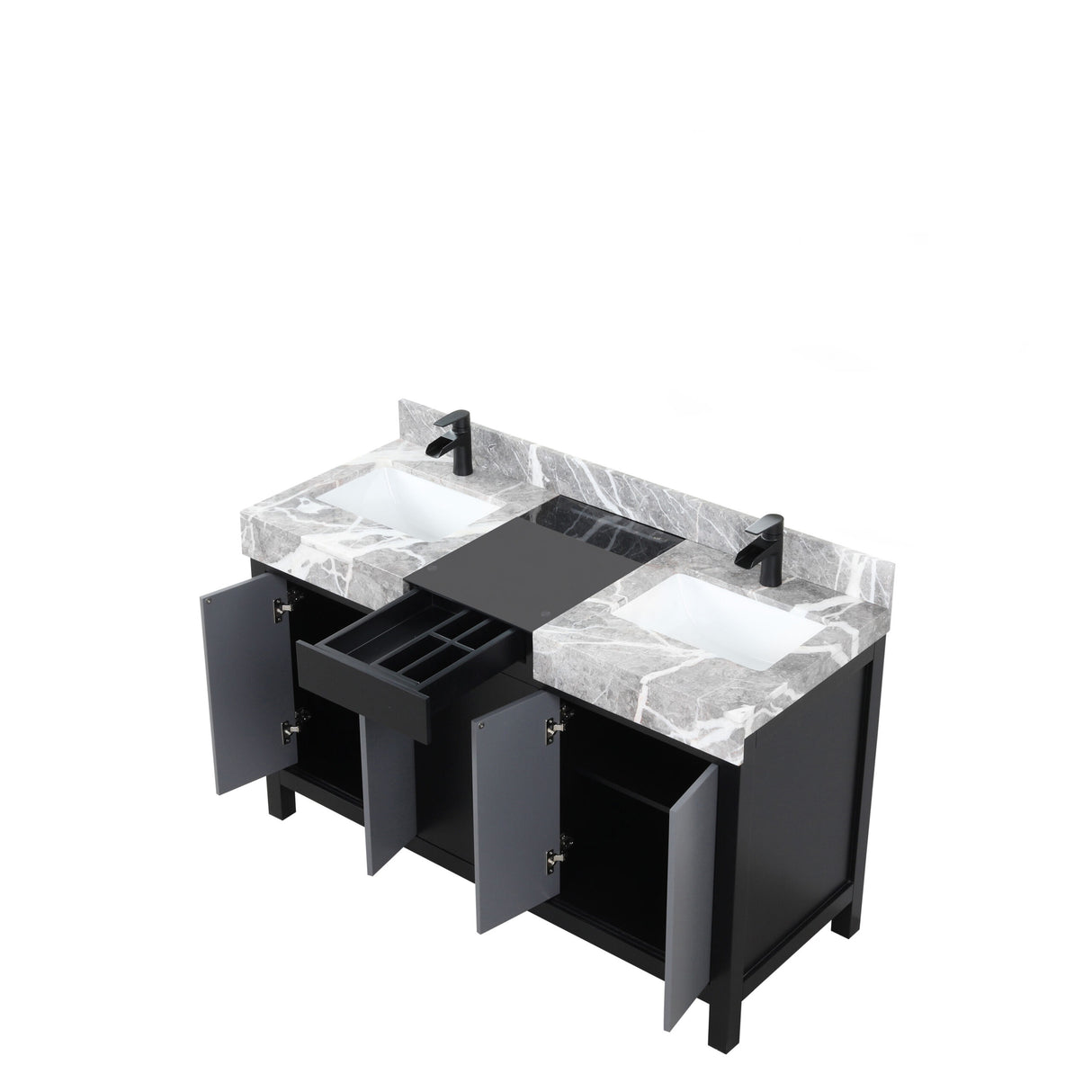 Zilara 55 in. Black and Grey  Freestanding Bathroom Vanity With Castle Grey Marble Tops, White Square Sinks, and Cascata Nera Matte Black Faucet Set
