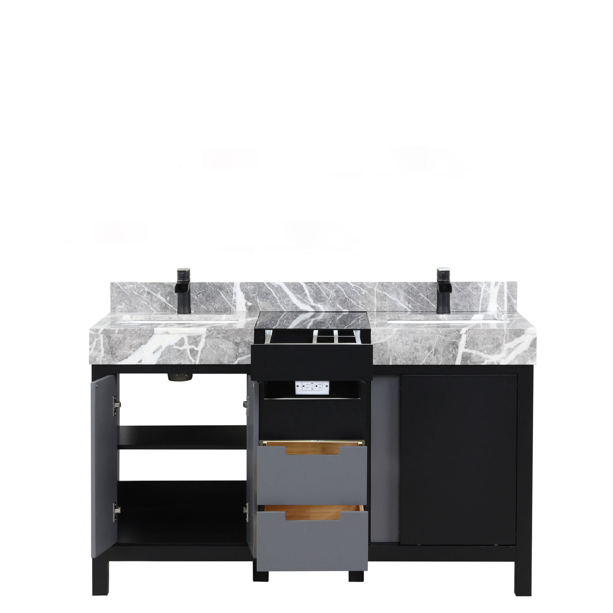 Zilara 55 in. Black and Grey  Freestanding Bathroom Vanity With Castle Grey Marble Tops, White Square Sinks, and Cascata Nera Matte Black Faucet Set
