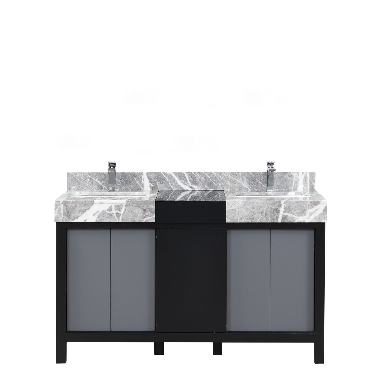Zilara 55 in. Black and Grey  Freestanding Bathroom Vanity With Castle Grey Marble Tops, White Square Sinks, and Monte Chrome Faucet Set