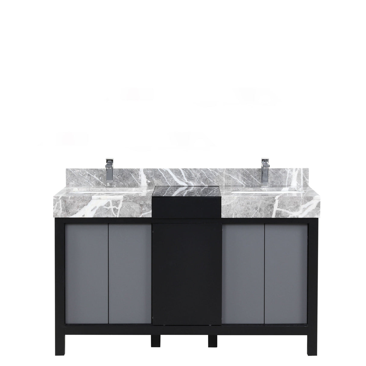 Zilara Black and Grey Freestanding Bathroom Vanity With Castle Grey Marble Tops, White Square Sinks, and Monte Chrome Faucet Set