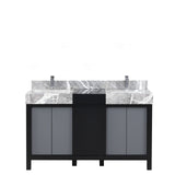 Zilara Black and Grey Freestanding Bathroom Vanity With Castle Grey Marble Tops, White Square Sinks, and Monte Chrome Faucet Set