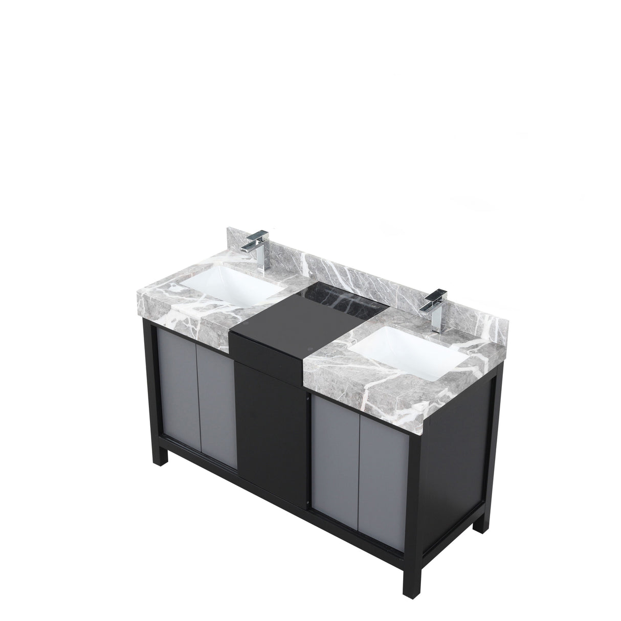 Zilara 55 in. Black and Grey  Freestanding Bathroom Vanity With Castle Grey Marble Tops, White Square Sinks, and Monte Chrome Faucet Set
