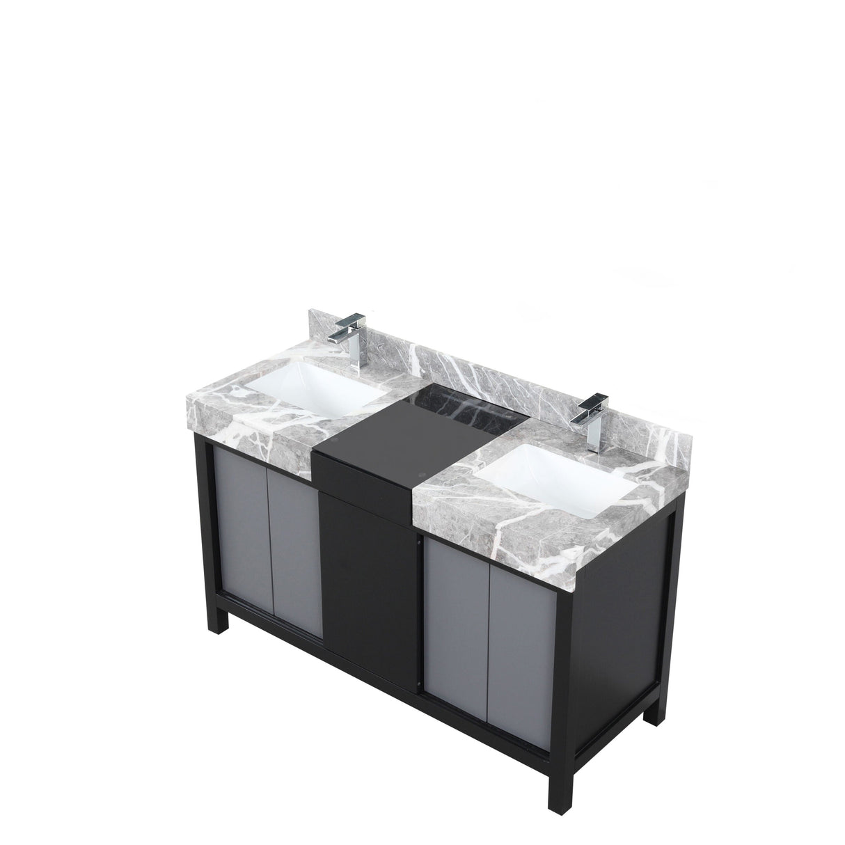 Zilara Black and Grey Freestanding Bathroom Vanity With Castle Grey Marble Tops, White Square Sinks, and Monte Chrome Faucet Set