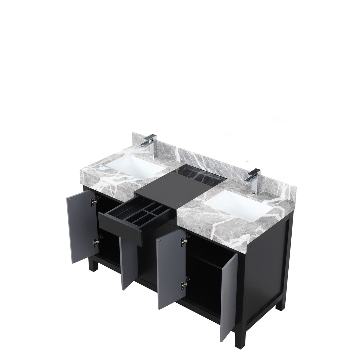 Zilara 55 in. Black and Grey  Freestanding Bathroom Vanity With Castle Grey Marble Tops, White Square Sinks, and Monte Chrome Faucet Set