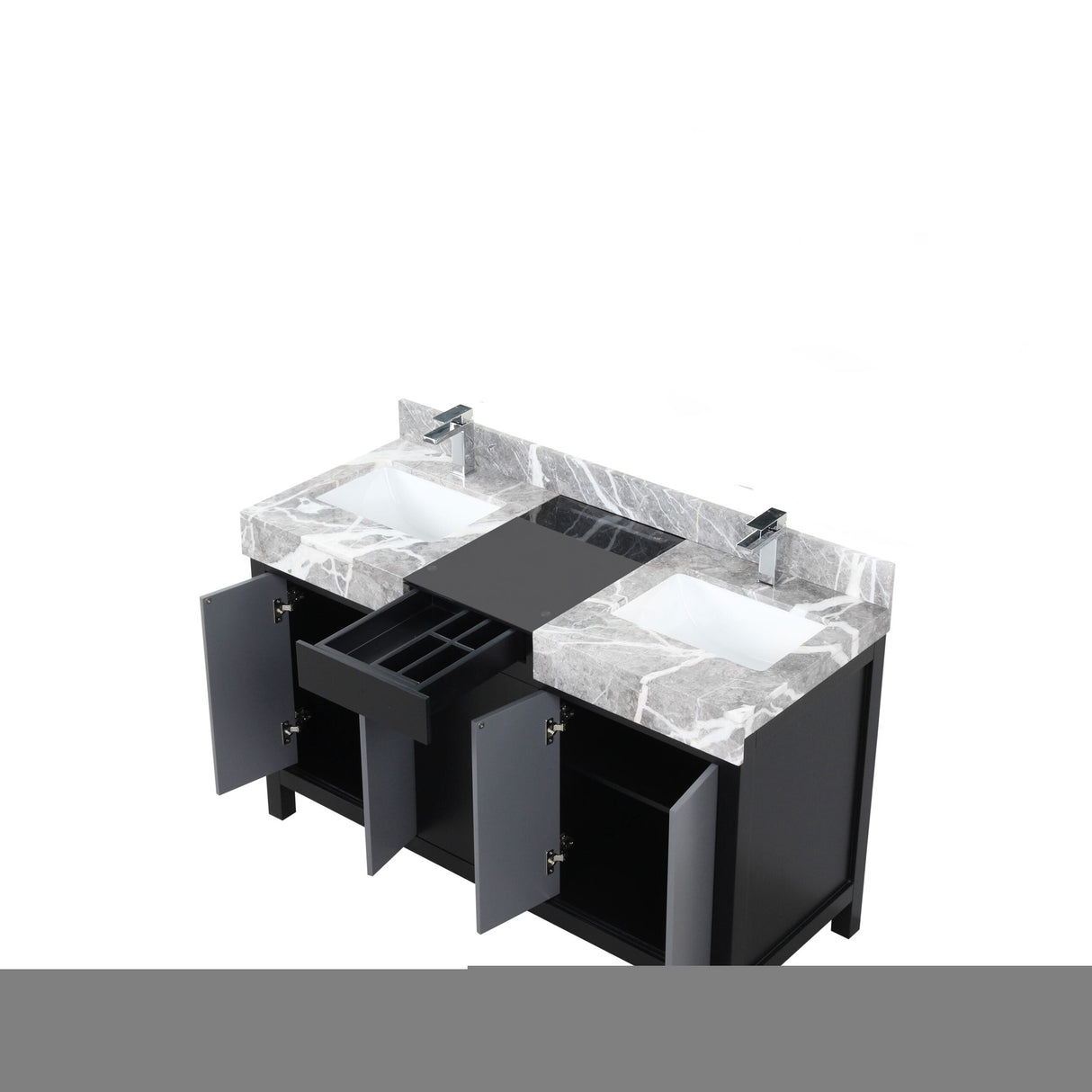 Zilara Black and Grey Freestanding Bathroom Vanity With Castle Grey Marble Tops, White Square Sinks, and Monte Chrome Faucet Set